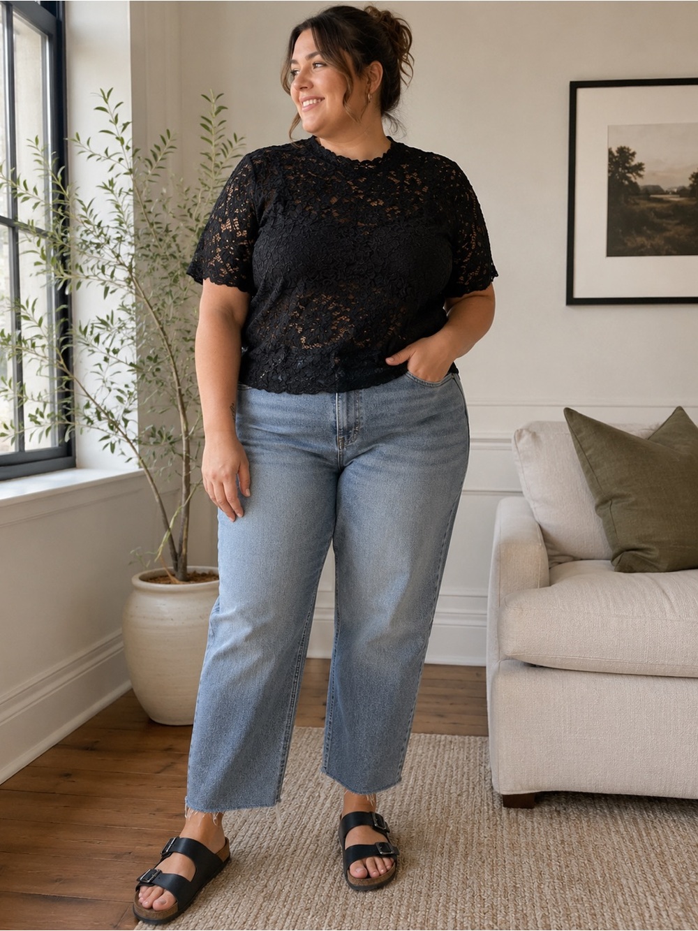 Rouge Collection Black Lace Top 1X Sheer Floral Short Sleeve Plus Size